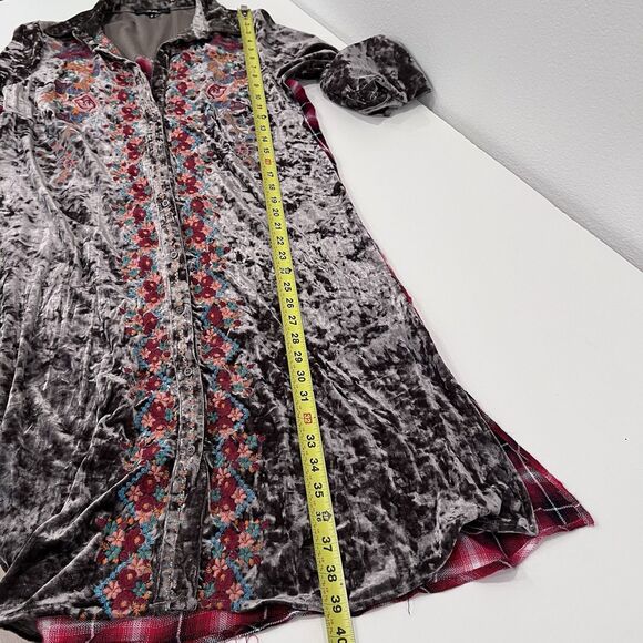 ANDREE By Unit Crushed Velvet Button Down Kimono/dress Mixed Media Plaid Small - Picture 7 of 7